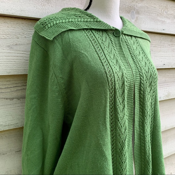 True Vintage 70s Green Peter Pan Collar 3/4 Sleeve Baby Doll Cardigan Sweater - Picture 5 of 16